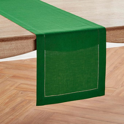 Solino Home Linen Table Runner 48 Inches - 100% Pure Linen Garden Green Hemstitch Table Runner 14 x 48 Inch Ideal for Dresser and Coffee Tables - Classic Hemstitch - Christmas, Winter, New Year