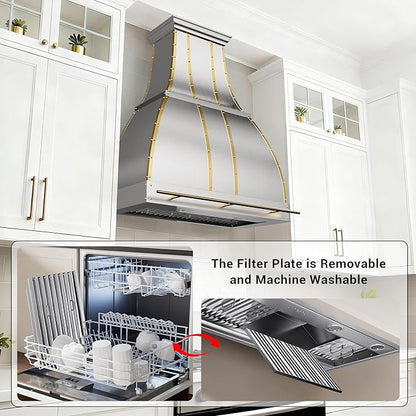 CHETTO C Stainless Steel Range Hood Cover with Quiet Vent Hood Insert Custom Handcrafted Metal Kitchen Fan with Towel Rack LED Light 54"W x21"D x30"H Brushed Stainless Steel Wall Mount