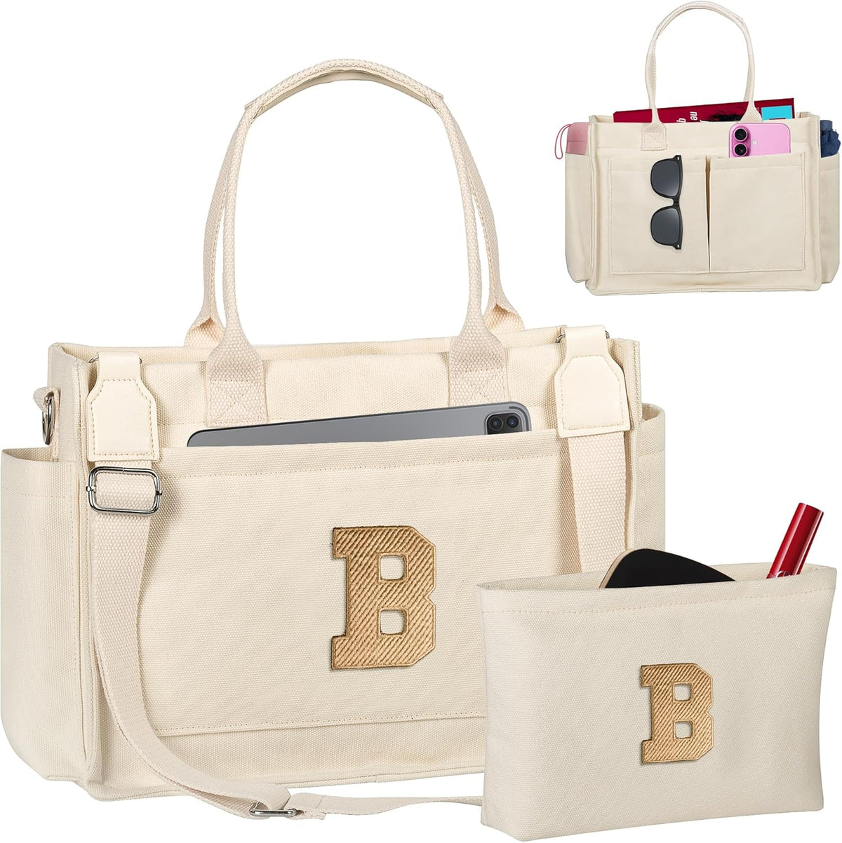 Gifts for Women Teen Girls, Initial Tote Bag with Zipper, Letter Canvas Tote Purse for College Work Laptop Beach