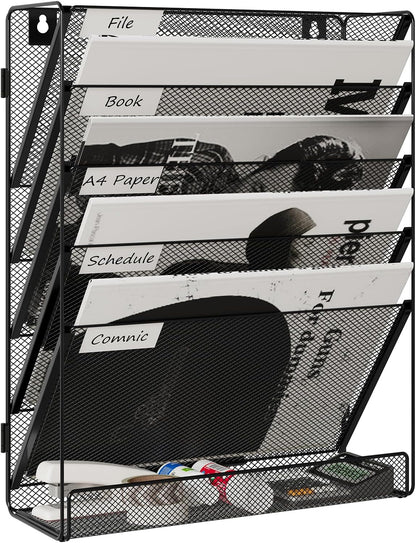6 Tier File Wall Mounted Magazine Rack with Tray Mesh A4 Paper Organiser Mail Holder Storage No-Side, Black