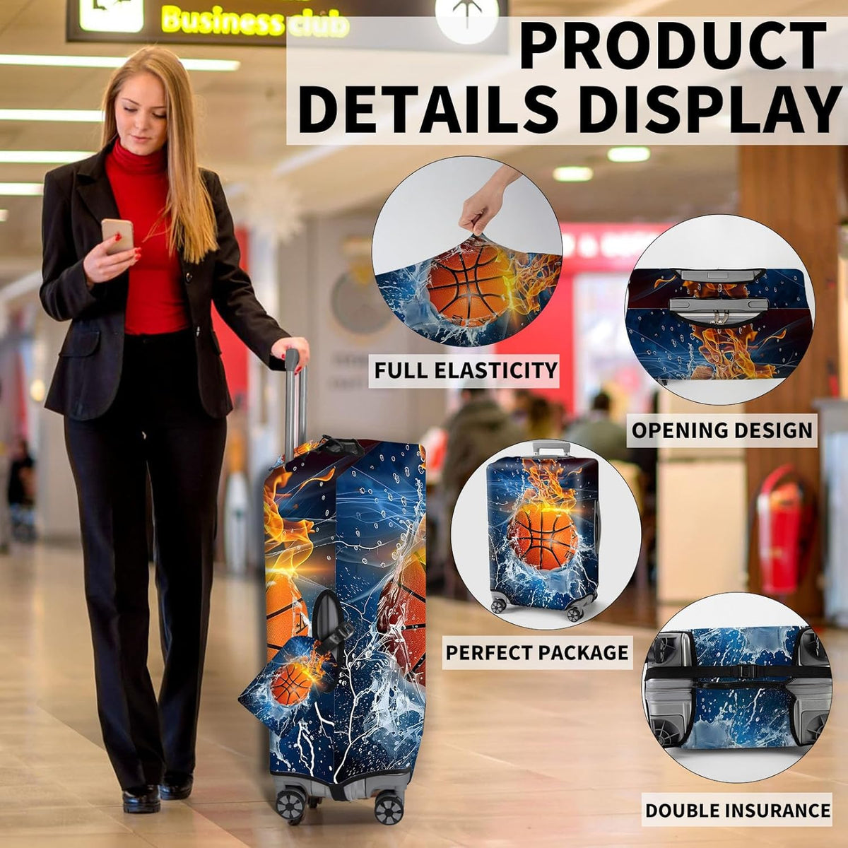 Travel Luggage Cover,Ice Fire BasketballTheme Suitcase Cover Accessory Kit, Luggage Tag, and Comfortable Luggage Handle Wrap, Washable Luggage Suitcase Protector (25-28 inch,L)