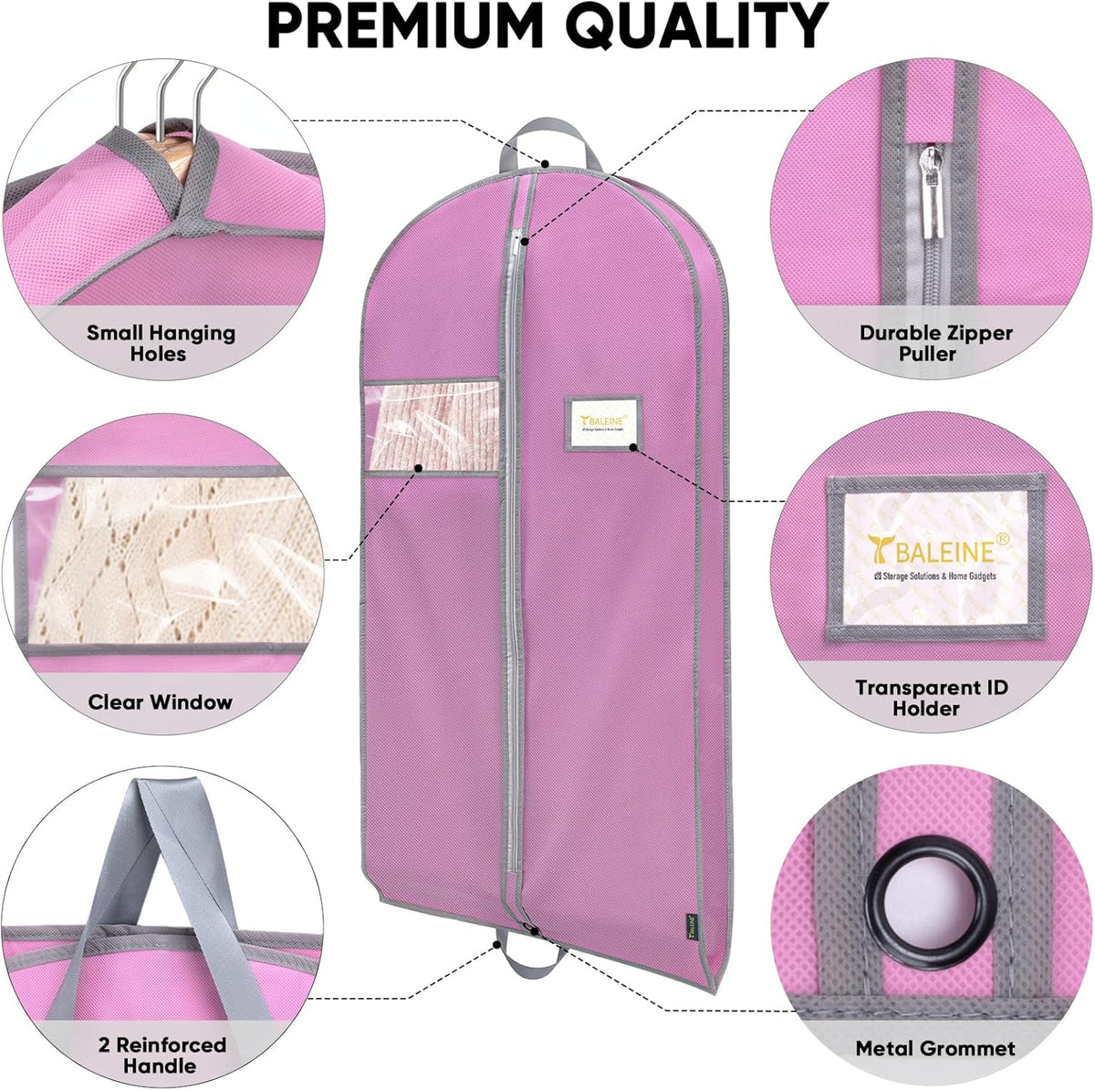 BALEINE 5PK Heavy Duty Garment Bag with Shoe Storage Travel Bag for Dresses, Suit, Coats Travel Essential (43", Pink)