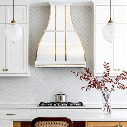 CHETTO C Stainless Steel Range Hood Cover with 4-Speed Vent Hood Insert Custom Handcrafted Metal Kitchen Fan with Towel Rack LED Light 60"W x21"D x21"H White Wall Mount