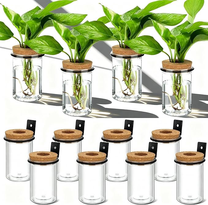 Baderke 12 Set Wall Plant Holder with Plastic Propagation Vases Hanging Planter Wall Mounted Set for Plants Growing in Water Hydroponic Artificial Plants Indoor Decor (2.48" X 3.94",Classic)