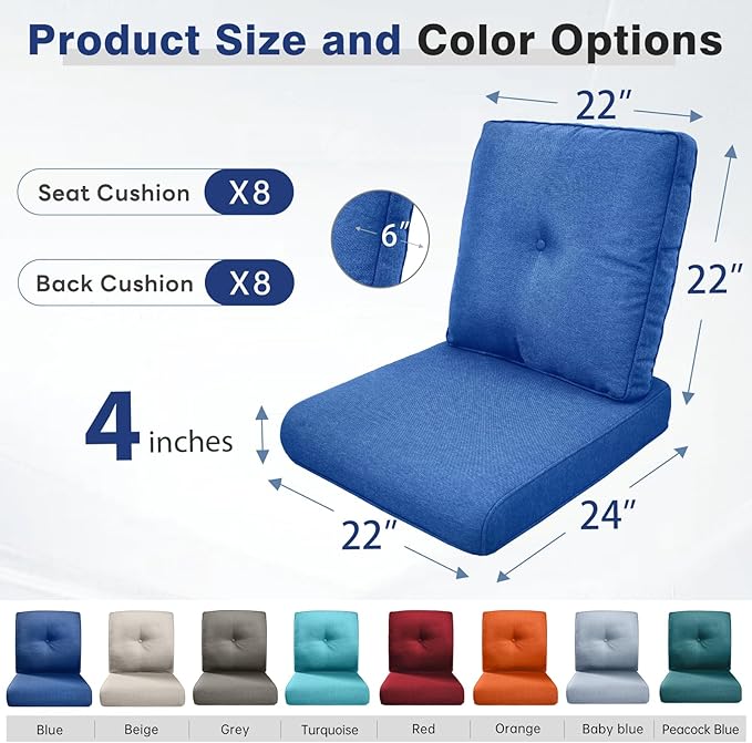 Belord Luxury 4" Thick Outdoor Cushion 8 Set - 22 x24 Inch 28D Sponge Filling Fade-Resistant Chair Cushion, Spill Proof Removable Patio Furniture Replacement Cushions for Sofa Bench Swing - Blue