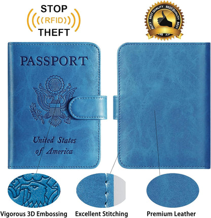 Passport Holder Cover Wallet RFID Blocking Leather Card Case Travel Accessories for Women Men (Blue)