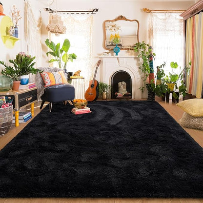 Amearea Shag Fluffy Area Rug for Bedroom Girls Living Room, Extra Soft and Fuzzy Shaggy Rugs, Non Slip, Solid Color Carpet Mat for Boys Nursery Home, Black 6x9 Feet