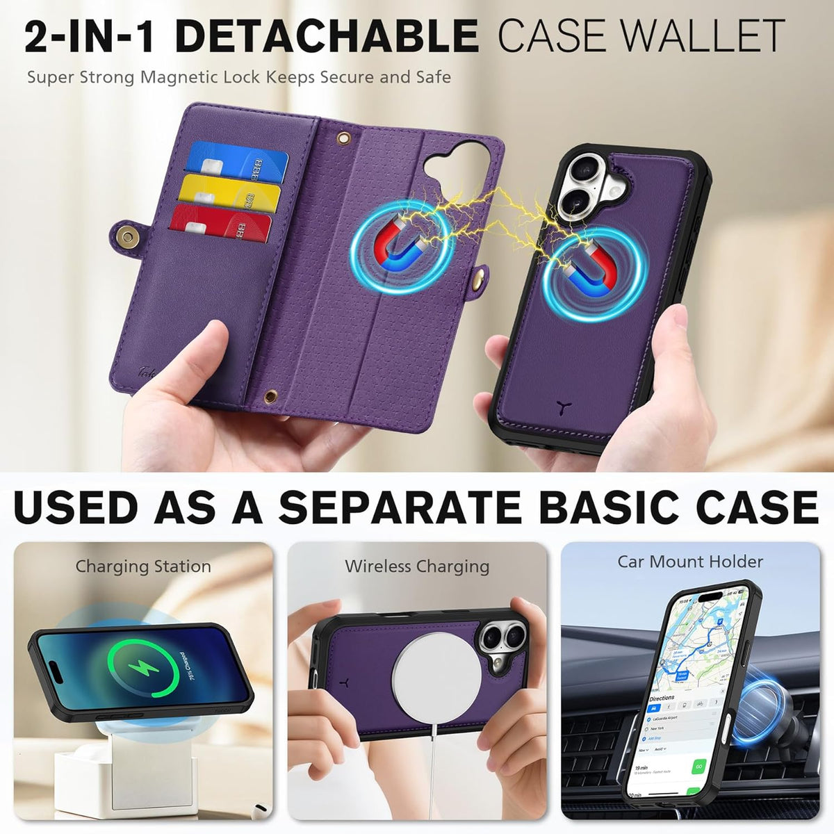 TUCCH Removable Crossbody Wallet Case for iPhone 17 (6.3"), 9 Card Holders RFID Blocking, Lanyard, Wrist Strap, Wireless Charging, Stand, Zipper Pocket, PU Leather, Magnetic Flip Cover, Deep Purple