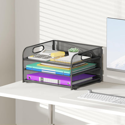3 Tier Paper Organizer with Handle, Metal Desk Organizer Mesh Paper Letter Tray Desktop File Folder Document Sorter for Classroom, School, Office Accessories Organization and Storage - Black