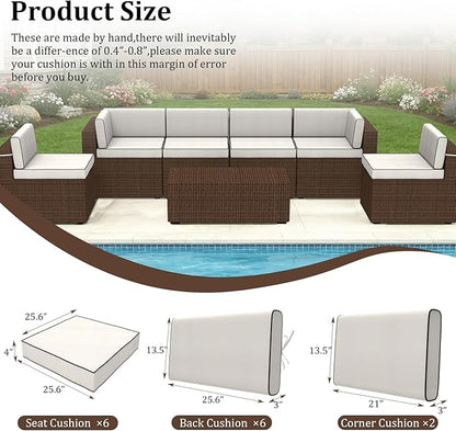 14 Pcs Outdoor Replacement Cushions for Patio Furniture, All Weather Water Resistant Cushion for 6 Seat Rattan Wicker Sectional Patio Conversation Sets and Couch (Cream+Black Piping)