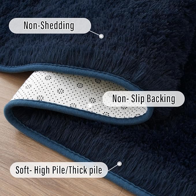 Amearea Shag Fluffy Runner Rug for Bedroom Girls Living Room, 2x6 Feet Extra Soft and Fuzzy Shaggy Rugs, Non Slip, Indoor Floor Long Carpet Mat for Boys Nursery Home Decor, Navy Blue