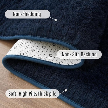 Amearea Shag Fluffy Runner Rug for Bedroom Girls Living Room, 2x6 Feet Extra Soft and Fuzzy Shaggy Rugs, Non Slip, Indoor Floor Long Carpet Mat for Boys Nursery Home Decor, Navy Blue
