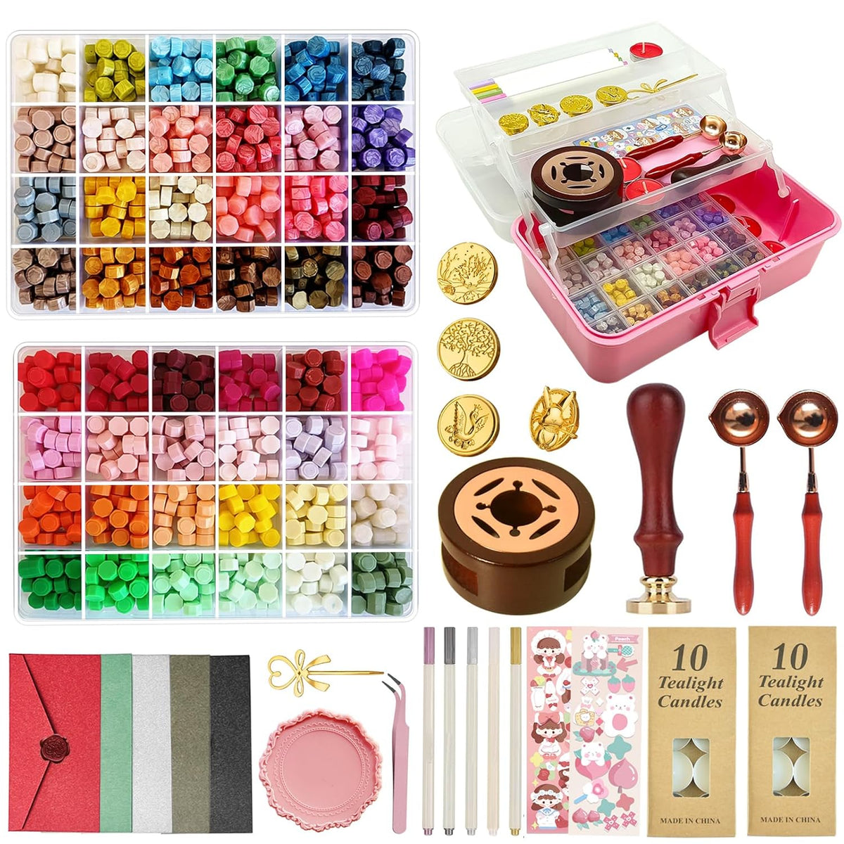 Upgraded Wax Seal Stamp Kit,Wax Seal Kit with Storage Box,48 Color 1200 Pcs Sealing Beads with 4 Pcs Seal Stamps,Warmer,Spoon,Envelopes, Candles, Metallic Pen for Wedding Invitation,DIY Crafts