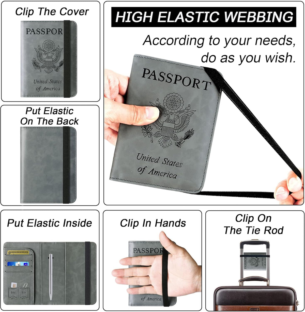 Passport Holder Cover Wallet Travel Essentials Leather Rfid Blocking Case Vacation Luggage Must Haves Travel Accessories for Men Women (116#Grey)