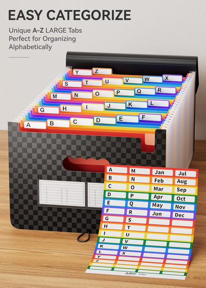 ABC life 26 Pockets Accordian File Organizer,Expanding File Folder/Portable A4 Letter Size Filling Box, Expandable Desktop Accordion Folder, Plastic Paper Document Coupon Organizer with Colored Label