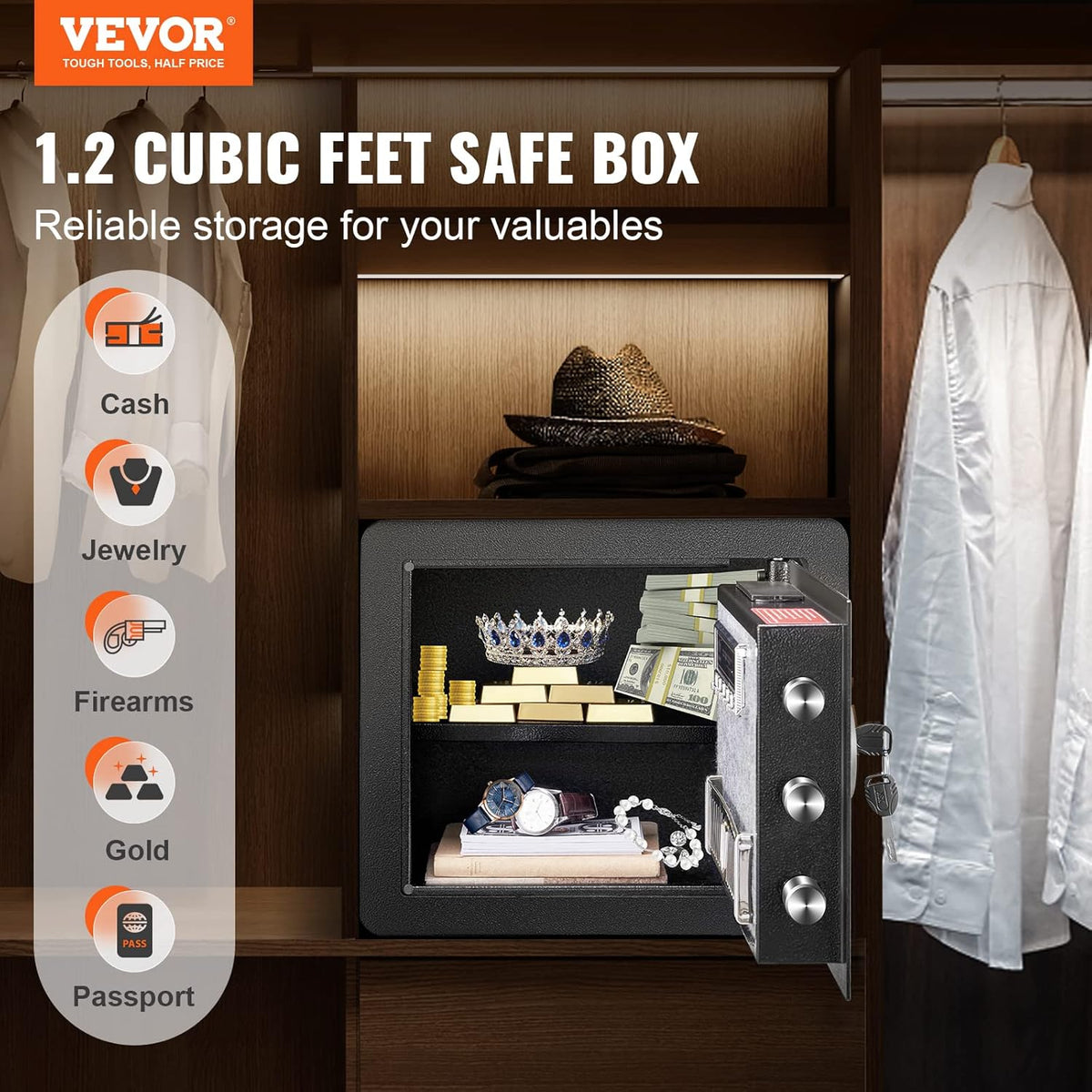 VEVOR Steel Security Safe - 1.2 Cubic Feet, Digital Keypad & 2 Keys, Fire-proof Bag, Protect Cash, Gold, Jewelry, Documents - 15.8x11.8x13.8 inches