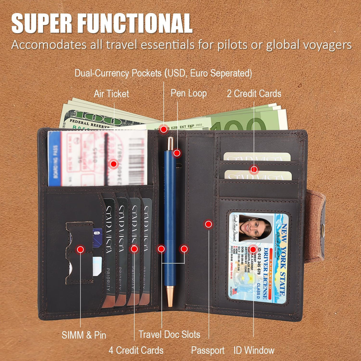 STAR VISTA Carmen Leather Passport Wallet, Dual Bifold Cash Pockets, RFID Blocking, ID Window, 6 Card Slots, Coin Pocket, SIM Slots, AirTag Slots, Dark Brown