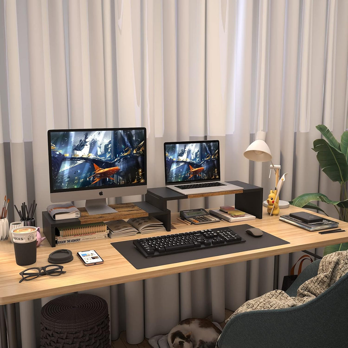WESTREE Dual Monitor Stand - Riser 2 Shelf Computer with Adjustable Length and Angle, Stands for Monitors, Desktop Organizer PC, Computer, Laptop