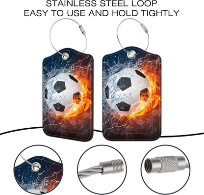 2 Pack Luggage Tags for Suitcase,Soccer in Fire and Water PU Leather Idea Baggage Tag with Name Labels Privacy Cover Metal Ring Men and Women Travel Cruise Labels