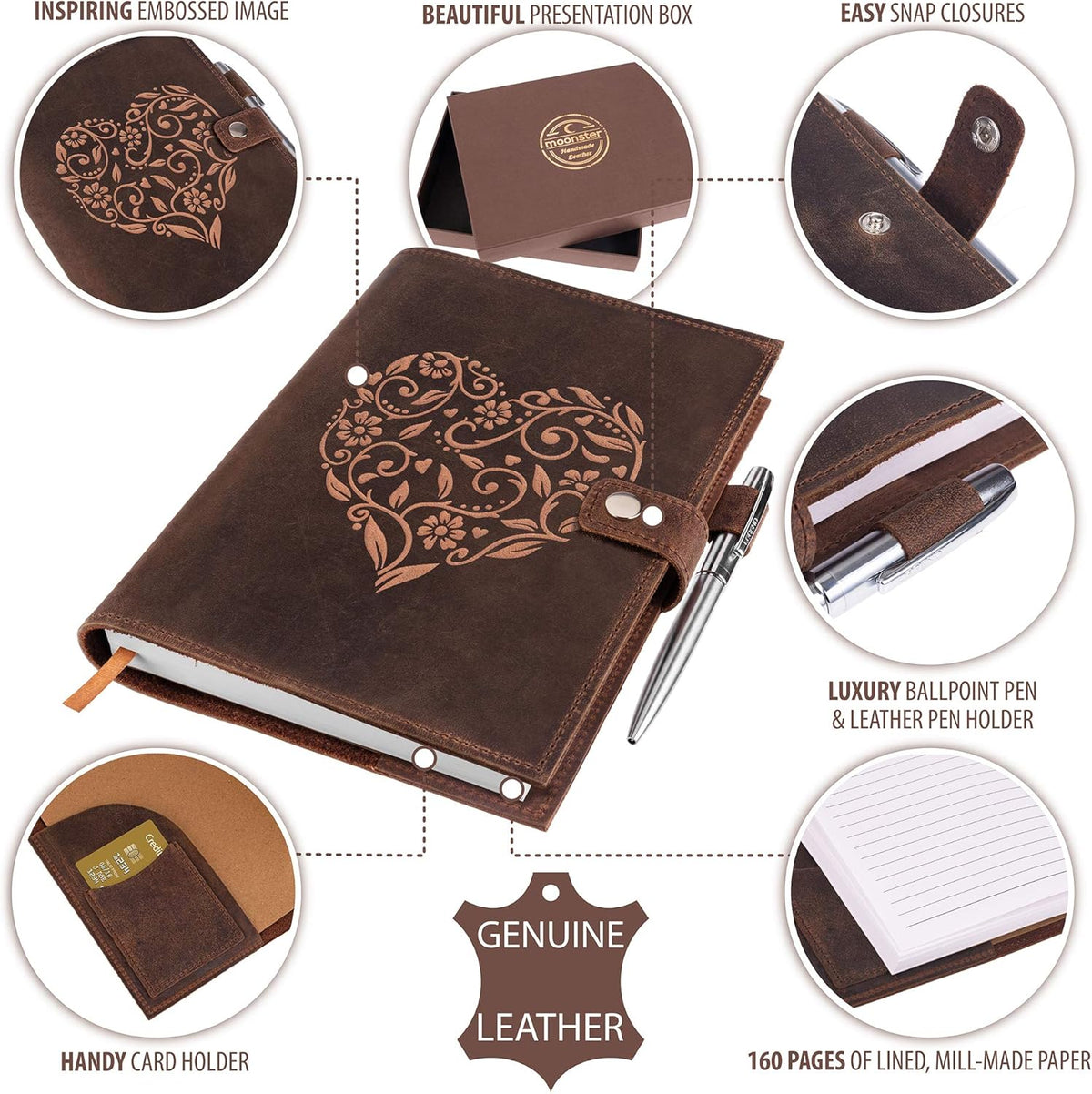 moonster Refillable Leather Journal Embossed Heart Shape Cover Design Journals with Pen – Milled A5 Leather Journal Lined Paper - Journals for Women – Vintage Journal - 320 Pages
