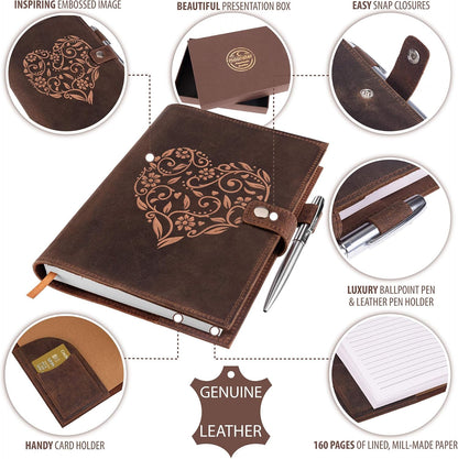 moonster Refillable Leather Journal Embossed Heart Shape Cover Design Journals with Pen – Milled A5 Leather Journal Lined Paper - Journals for Women – Vintage Journal - 320 Pages