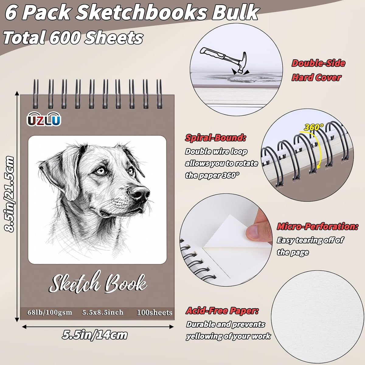 6 Pcs Sketch Book Bulk 5.5 x 8.5 In,600 Sheets Total Drawing Paper Pad Top Spiral Bound Sketch Pad Mixed Media Sketchbook 68lb/100gsm Thick Paper Acid Free Art Supplies for Kid Adult Painting Beginner Artist