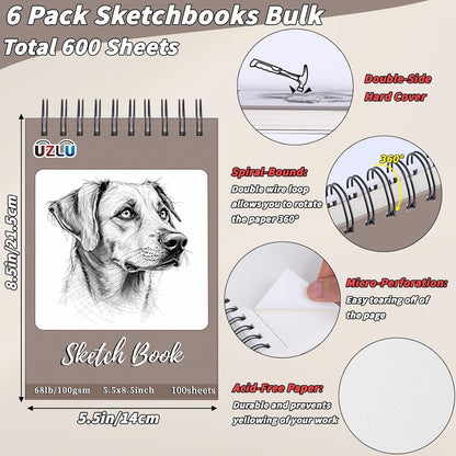 6 Pcs Sketch Book Bulk 5.5 x 8.5 In,600 Sheets Total Drawing Paper Pad Top Spiral Bound Sketch Pad Mixed Media Sketchbook 68lb/100gsm Thick Paper Acid Free Art Supplies for Kid Adult Painting Beginner Artist