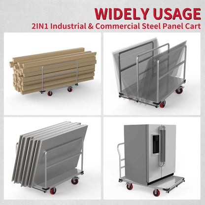 Extra Large Steel Panel Cart Dolly, 2IN1 Heavy Duty Drywall Lumber Truck with 3000 LBS Capacity, 44 x 28 inch 2MM Steel Plate Drywall Cart with 6" Swivel Brake Wheels, 1Front and 3Side Handrials