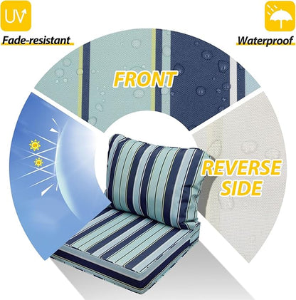 AAAAAcessories Outdoor Seat Cushions for Chairs, Fade-Resistant, Waterproof Patio Furniture Replacement Cushions, 23.5" x 25.5" x 5" + 23.5" x 19", Ash Teal Seaside Stripe