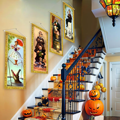 Halloween Decorations Large 4 PCS Haunted Mansion Stretching Portraits Vintage Vinyl Backdrop Decor Outdoor Horror Poster for Indoor Holiday Home Wall Art Wallpaper Hanging Porch Sign Banner Party