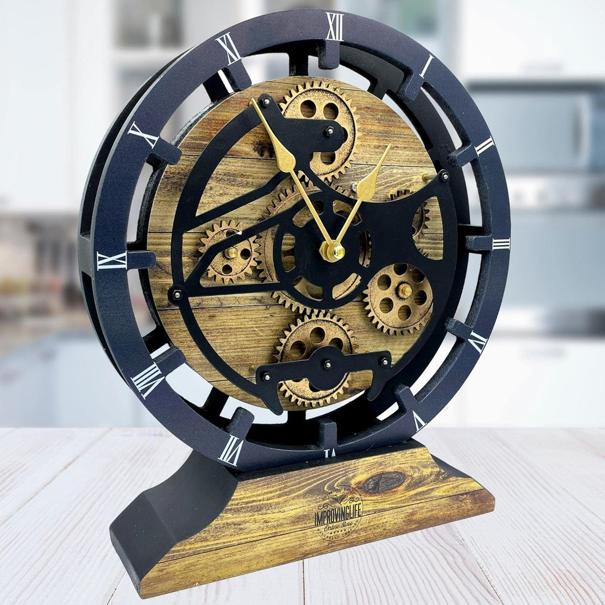 The Gears Clock Desk Clock 10 inches with Real Moving Gears Convertible into Wall Clock (Gold Antique)