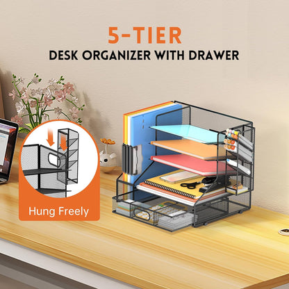 DALTACK Mesh Desk Organizer, 5-Tier Paper Letter Tray with File Holder & Pen Holder & Sliding Drawer, Desktop Organizer and Storage for Desk Accessories Office Supplies, Black