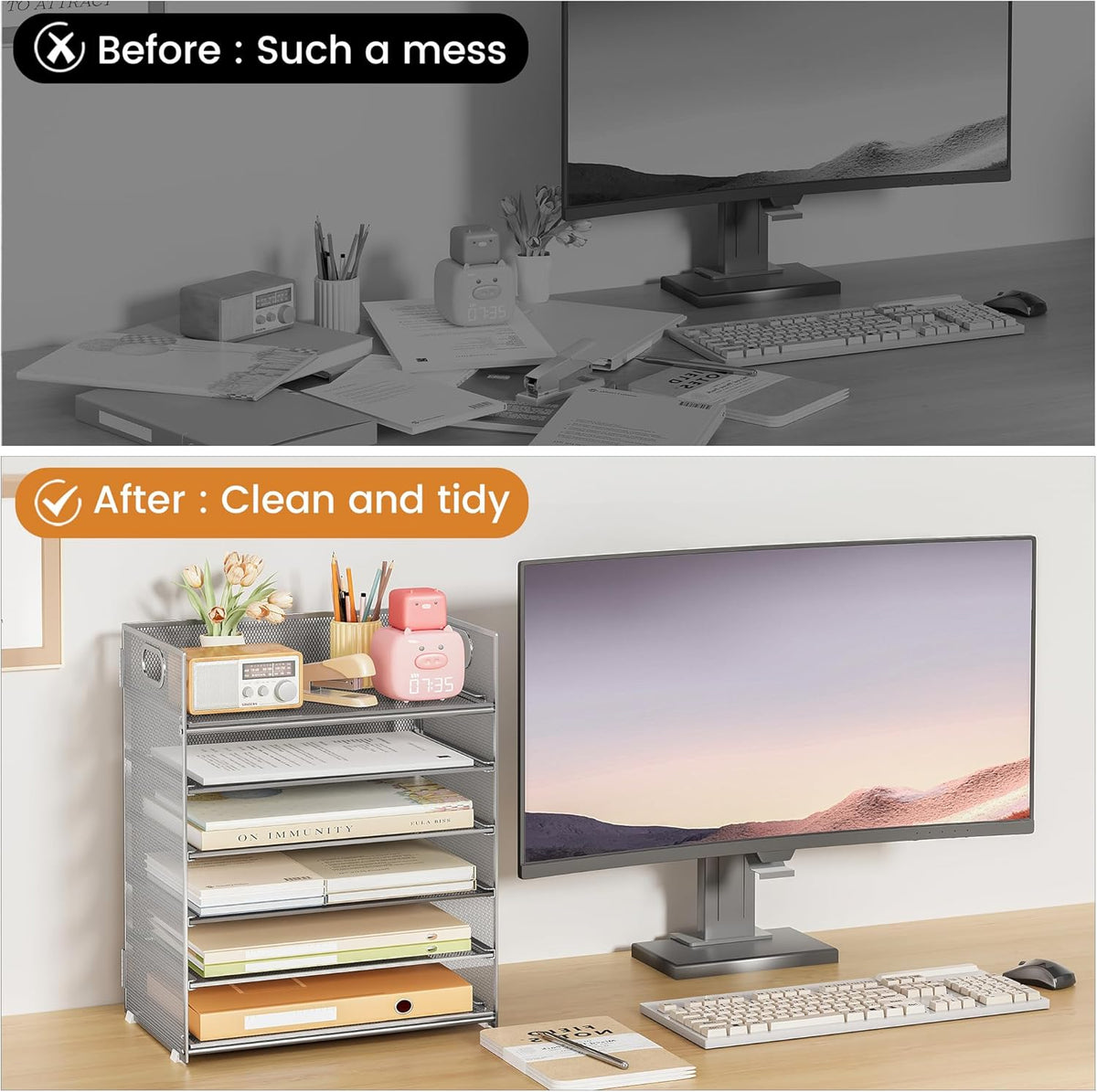 Subekyu 6 Tier Paper Organizer for Desk with Handle, Metal Mesh Desk Office File Folder Paper Letter Tray Accessories Organizer Sorter for Home, School, Office Desktop Document Organization - Silver
