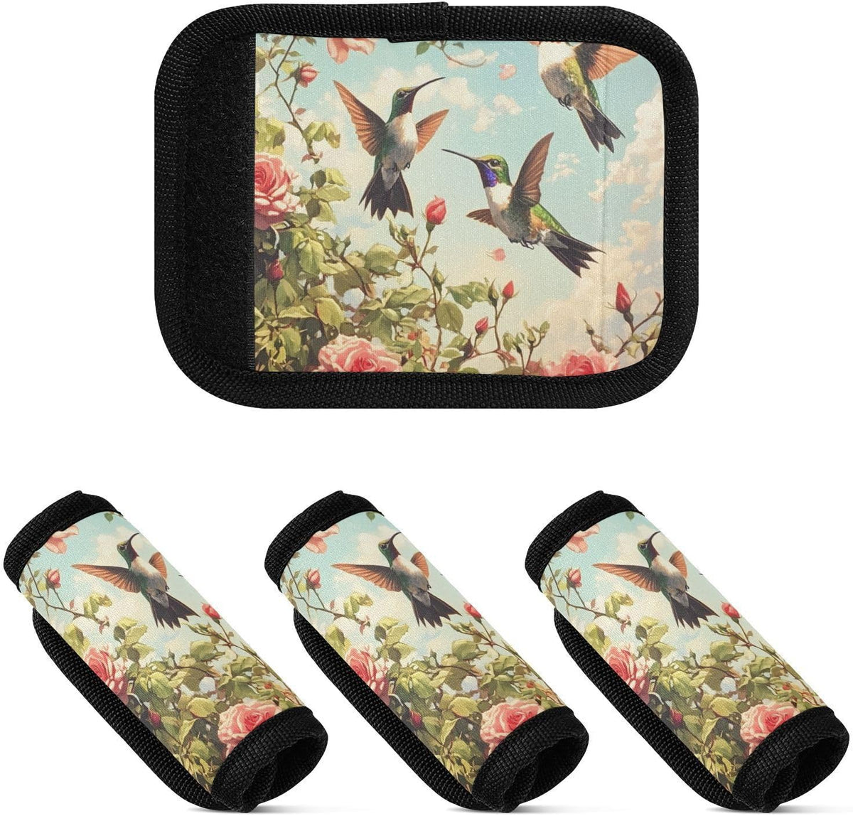 Flying Hummingbirds and Roses 4 Pack Luggage Handle Wraps Covers for Suitcase Identifiers Bag Tags Travel Accessories