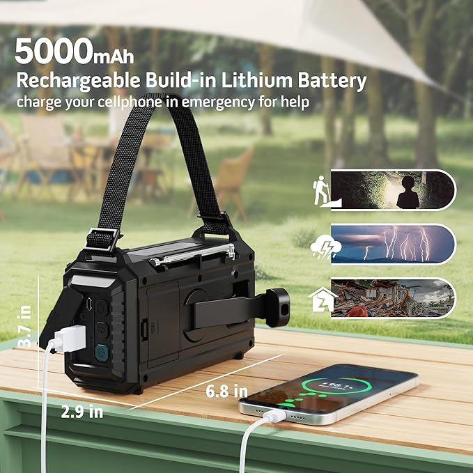 Emergency Weather Radio with AM/FM/NOAA/SW, 5 Ways Powered Solar Hand Crank
