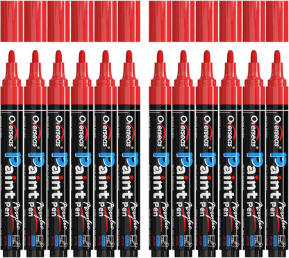 Overseas Red Paint Pens Paint Markers - Permanent Acrylic Markers 12 Pack, Water-Based, Quick Dry, Waterproof Marker Pen for Rock, Wood, Plastic, Metal, Canvas, Glass, Fabric, Mugs. Medium Tip