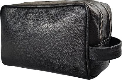 RUSTIC TOWN Full Grain Leather Travel Toiletry Bag - Cosmetic Makeup Kit Organizer (Medium, Black)