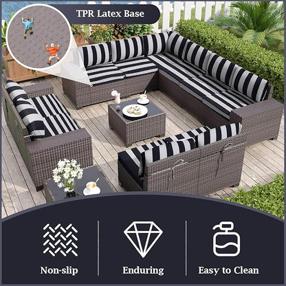 Outdoor Sectional Cushions, 4" Foam High-Density, Water-Resistant Couch Cushions Replacement Set, 14 Piece Patio Sectional Cushion for 6-Seat Sectional Patio Conversation Sets (Black white stripes)