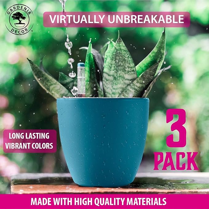 GARDENIX DECOR Self Watering Pots for Indoor Plants 3 Pack - Flower Pot with Water Level Indicator for Plants, Grow Tracking Tool - Self Watering Planter Plant Pot - Coco Coir - Teal