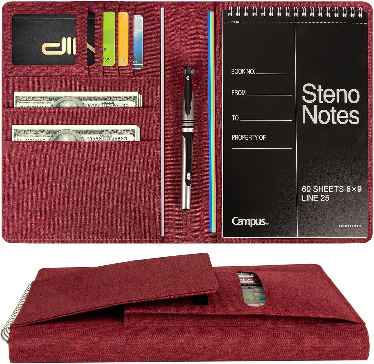Journal Cover for Rocketbook Flip | Executive Size 6"x8.8" Fits A5, 6"x9" Steno Pad/Notebook & Top Spiral Notepad | Waterproof Protective Case with Pen Loop Holder & File Storage (Red)