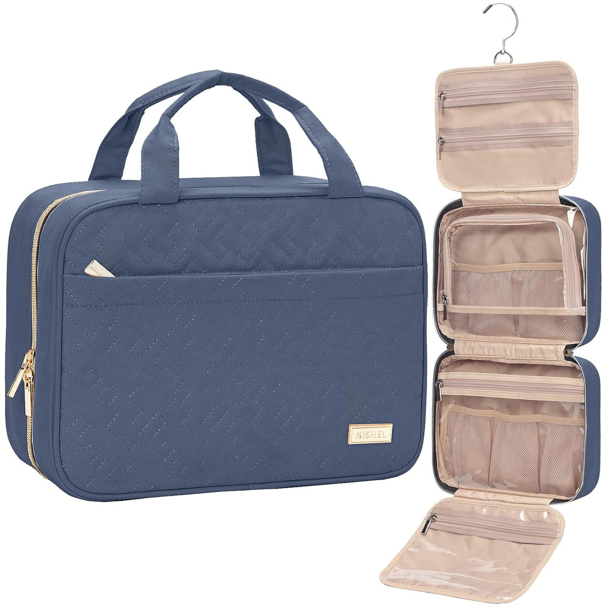 NISHEL Travel Toiletry Bag for women, Portable Hanging Organizer for Travel-Sized Shampoo, Conditioner, Brushes Set, Makeup Accessories, Medium Size, Aegean-Blue