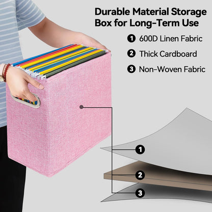 4 Packs Letter Size File Organizer, File Folders Organizer, Fabric Storage Box, Collapsible Paper Organizer with Metal Handle, Smooth PVC Rails, Only Box (Pink)