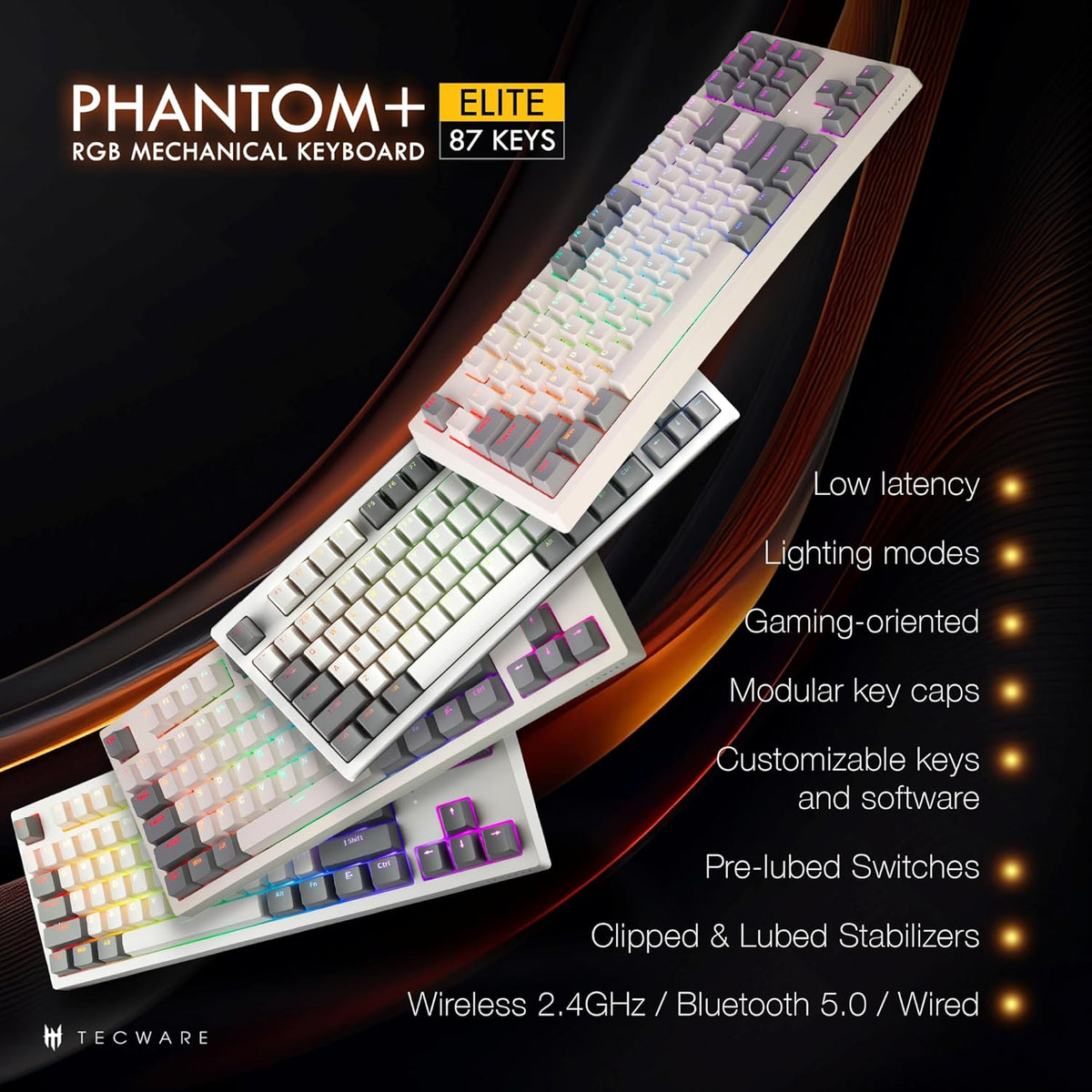 TECWARE Phantom+ Elite 87 Key RGB Mechanical Gaming Keyboard, LED Backlit, Universal Hot-Swap, Wired and Wireless, 3 Mode Connectivity, Thocky Sounding, White Elite Wraith Brown