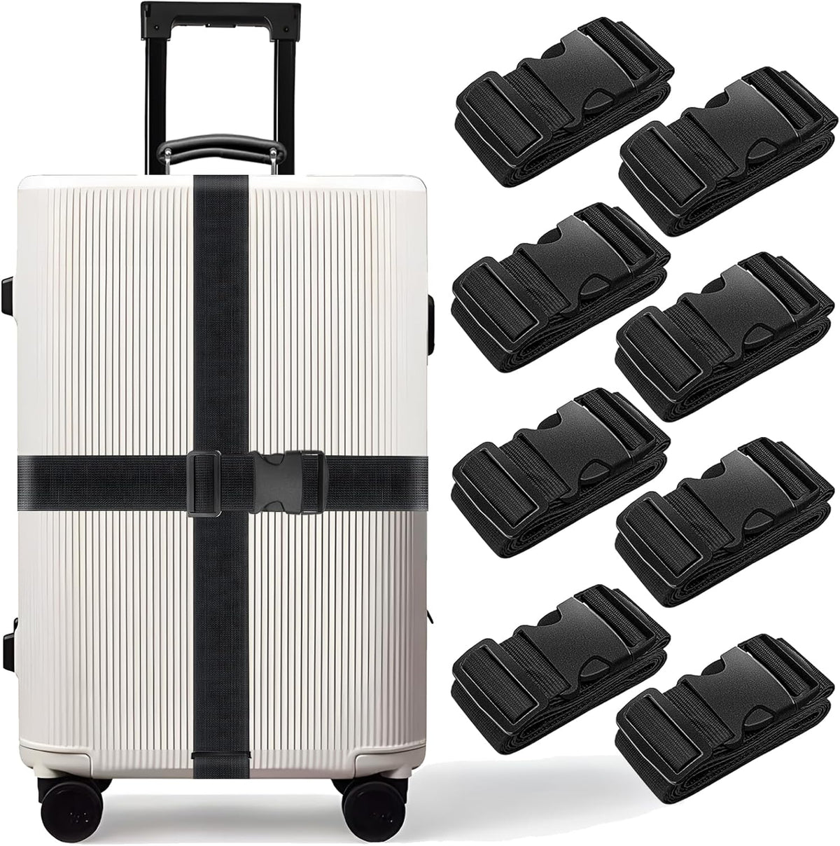 BILIONE 8 Pcs Luggage Straps, 79" Long Belts Keep Suitcase Secure While Traveling, TSA Approved Add a Bag Premium Accessory for Travel Bag Closure (8Pcs Black)