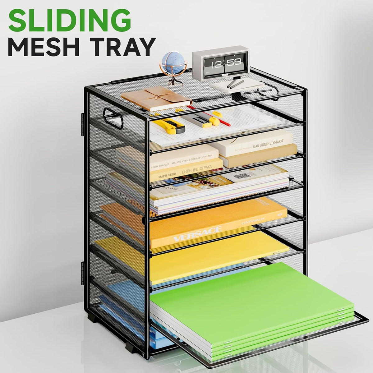 8 Tier Paper Organizer with Handle, Metal Mesh Desk File Organizer, Large Capacity Desk Organizers Paper Letter Tray Desktop Document Sorter for Office, Home or School - Black