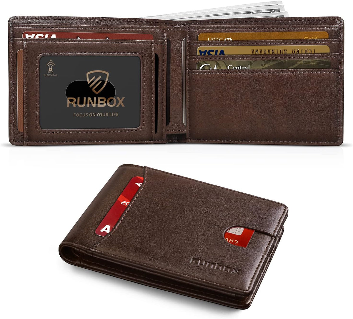 RUNBOX Novelty Wallet for Men Slim 11 Credit Card Holder Slots Leather RFID Blocking Small Thin Men's Wallet Bifold Minimalist Front Pocket Large Capacity Gift Box