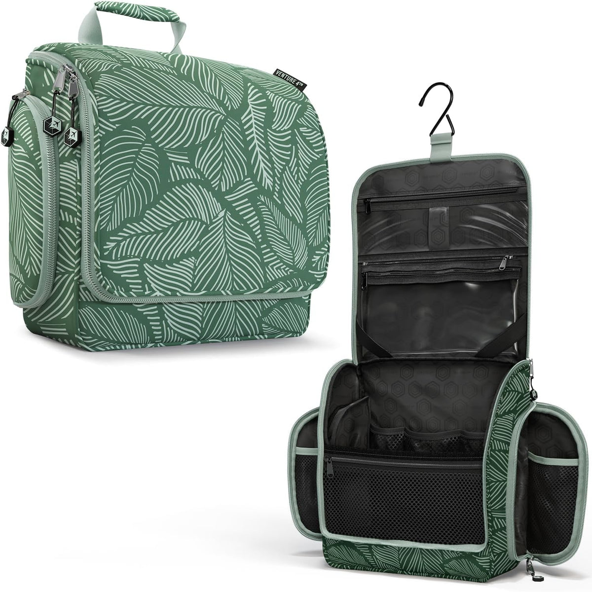 VENTURE 4TH Hanging Travel Toiletry Bag for Women & Men - Travel Organizer with Expandable Compartments & Removable Clear Pouch for Toiletries (Green Leaves)