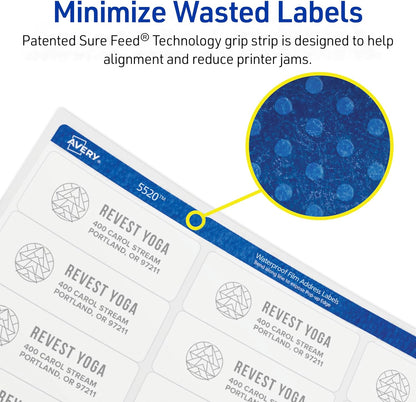 Avery Waterproof Sticker Labels for Printer - 1"x2-5/8" Mailing Labels, Ultrahold Permanent Adhesive, Laser Printers, 7,500 Printable Avery Address Label Sheets (5520)