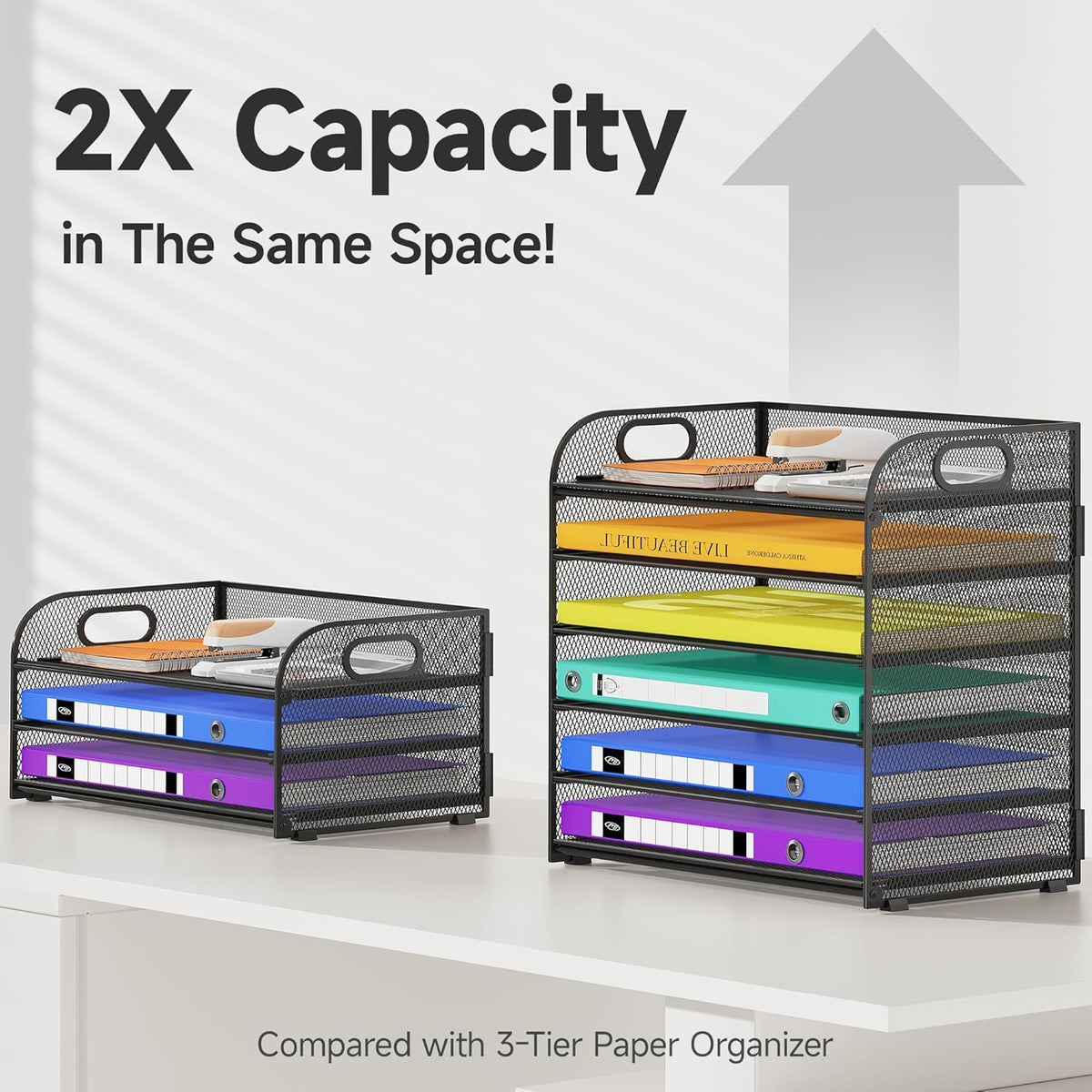 6 Tier Paper Organizer with Handle, Metal Desk Organizer Mesh Paper Letter Tray Desktop File Folder Document Sorter for Classroom, School, Office Accessories Organization and Storage - Black