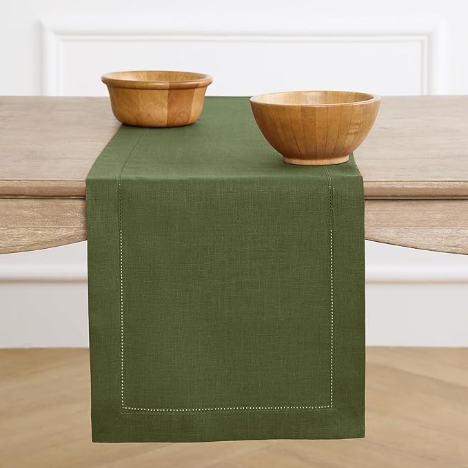 Solino Home Linen Olive Table Runner 108 Inches Long - 100% Pure Linen 14 x 108 Inch Table Runner for Christmas, New Year - Classic Hemstitch